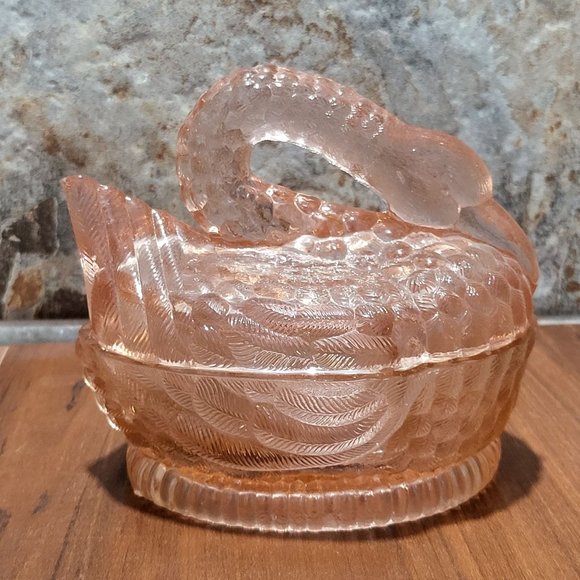 VTG Pink Glass Nesting Swan Covered Trinket Oval Candy Dish Peach Translucent - Picture 15 of 15